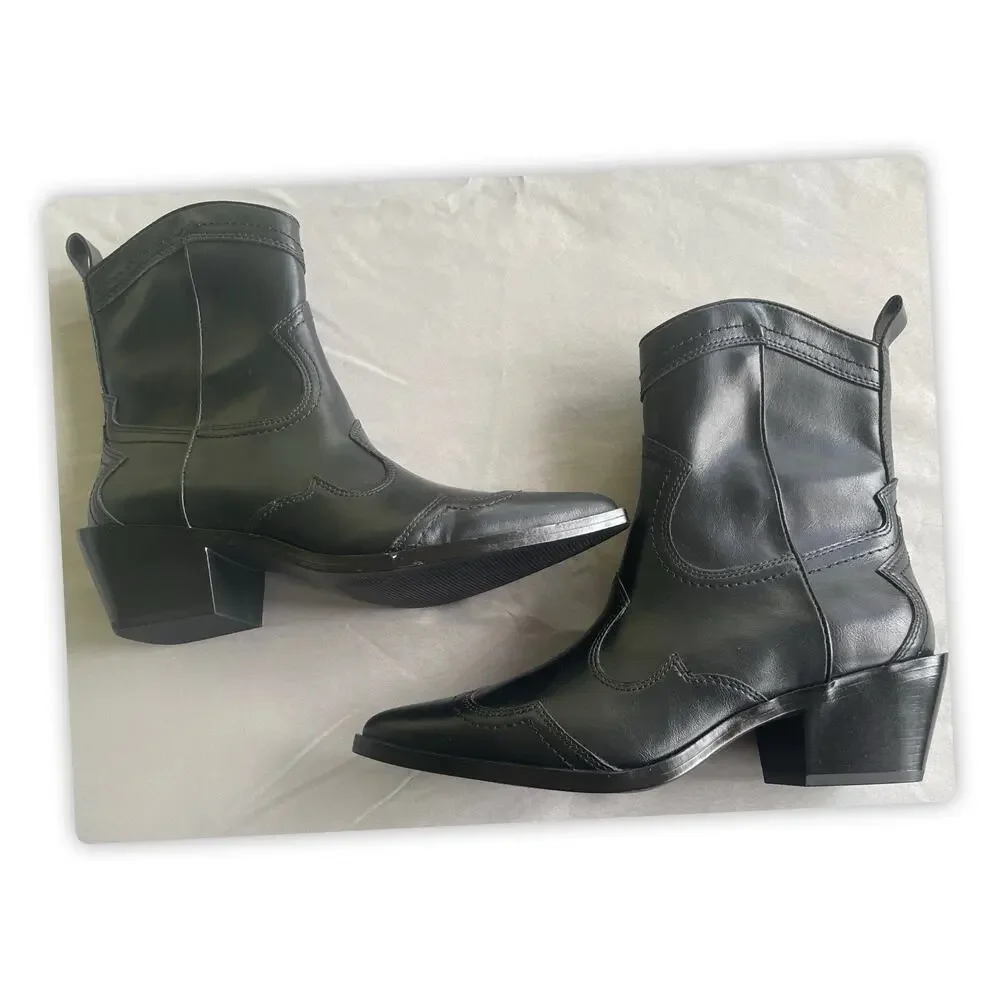 Madden Girl Women’s Black Western Ankle Boots Pointed Toe Block Heel 8M NWOT